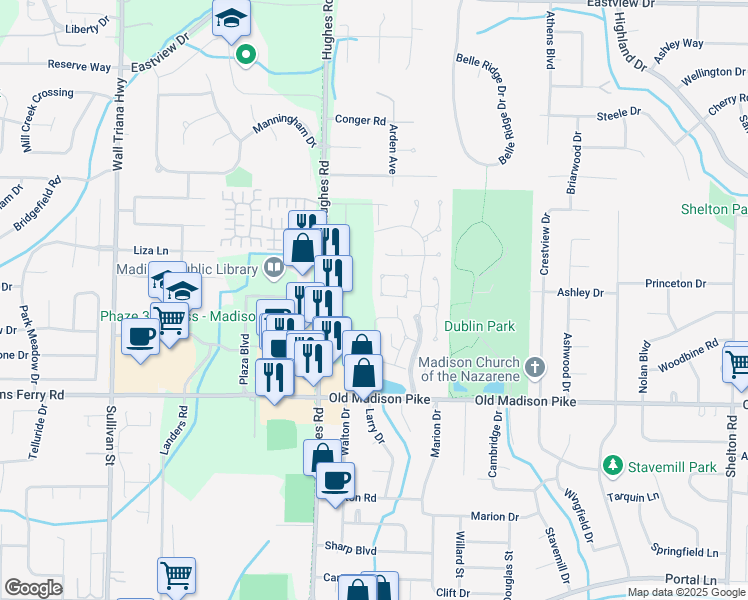 map of restaurants, bars, coffee shops, grocery stores, and more near 186 Waters Edge Lane in Madison