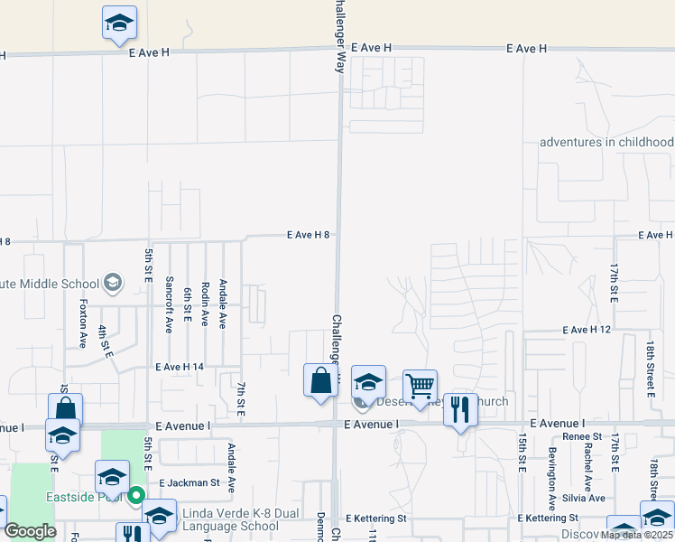 map of restaurants, bars, coffee shops, grocery stores, and more near Challenger Way in Lancaster