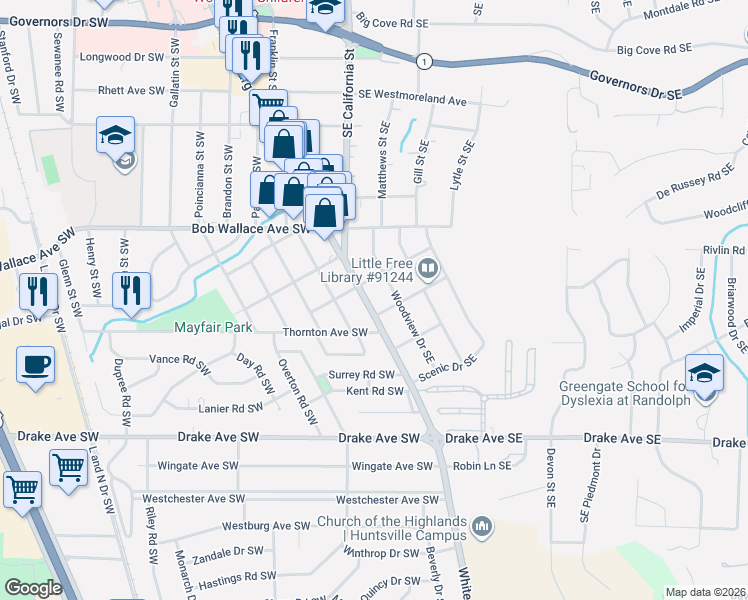 map of restaurants, bars, coffee shops, grocery stores, and more near 2505 Whitesburg Drive in Huntsville