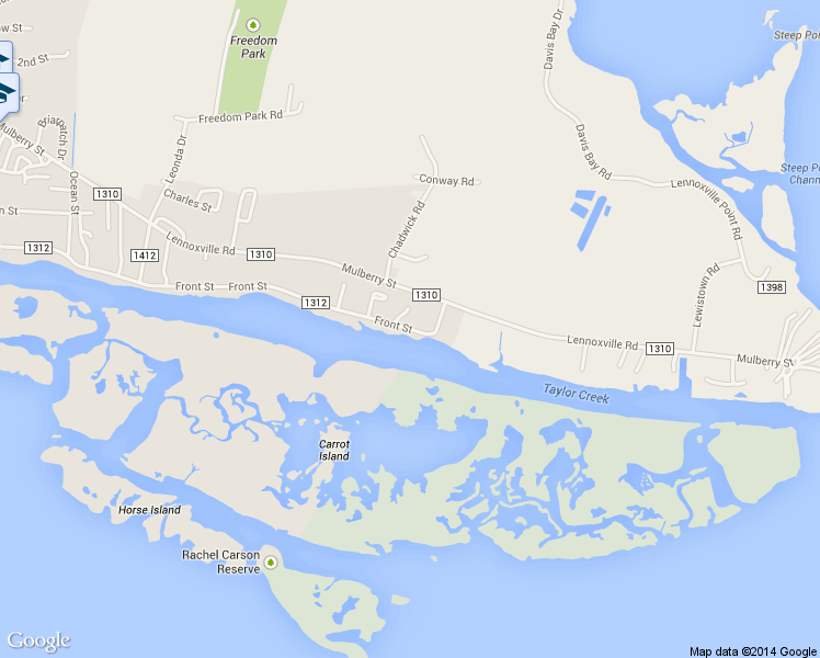 map of restaurants, bars, coffee shops, grocery stores, and more near 2501 Front Street in Beaufort