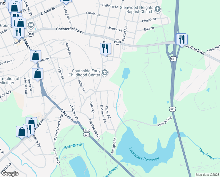map of restaurants, bars, coffee shops, grocery stores, and more near 302 Louise Street in Lancaster