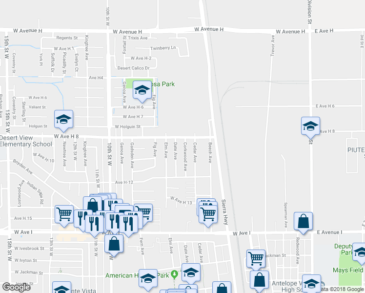 map of restaurants, bars, coffee shops, grocery stores, and more near 45527 Corkwood Avenue in Lancaster