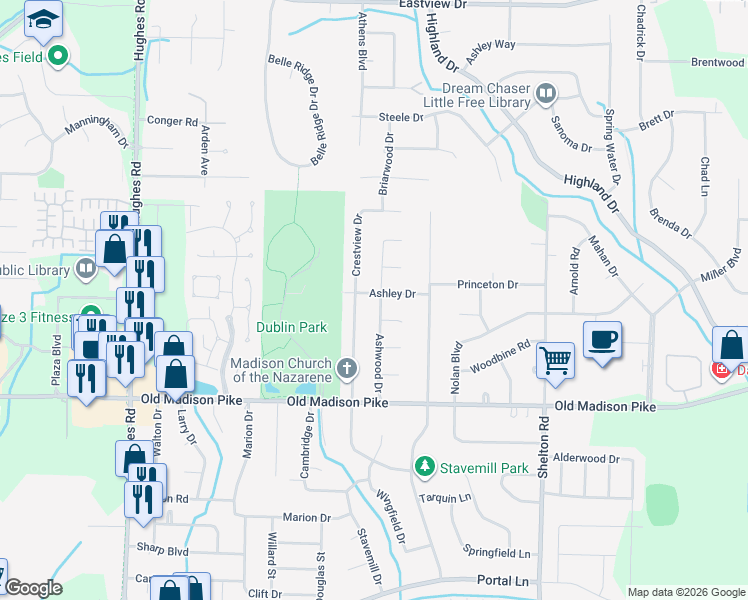map of restaurants, bars, coffee shops, grocery stores, and more near 802 Ashley Drive in Madison