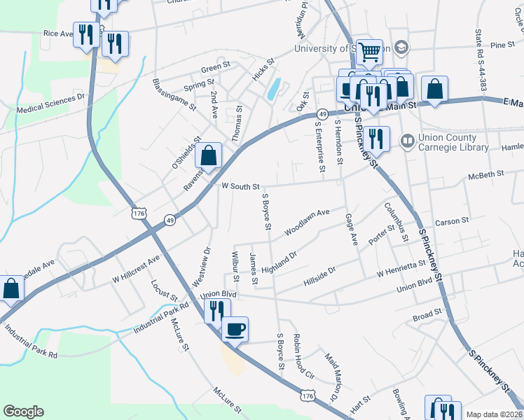 map of restaurants, bars, coffee shops, grocery stores, and more near 212 South Boyce Street in Union