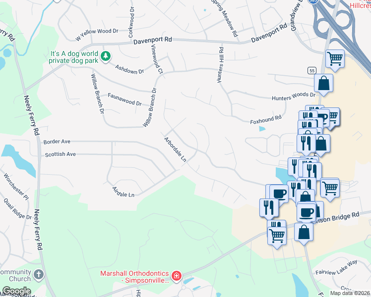 map of restaurants, bars, coffee shops, grocery stores, and more near 403 Two Gait Lane in Simpsonville