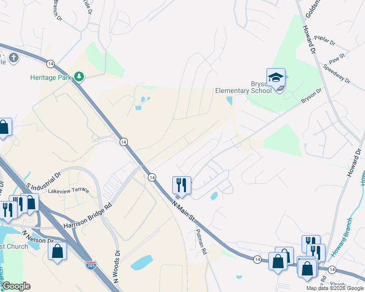 map of restaurants, bars, coffee shops, grocery stores, and more near 9 Eventide Drive in Simpsonville