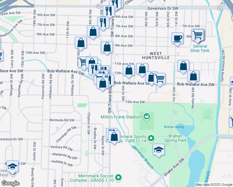 map of restaurants, bars, coffee shops, grocery stores, and more near 3109 Southwest 14th Avenue in Huntsville