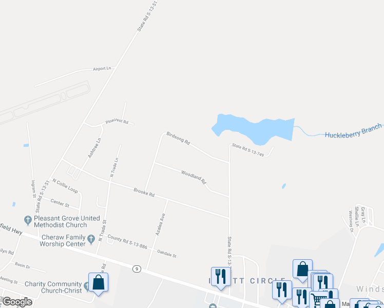 map of restaurants, bars, coffee shops, grocery stores, and more near 173 Birdsong Road in Cheraw