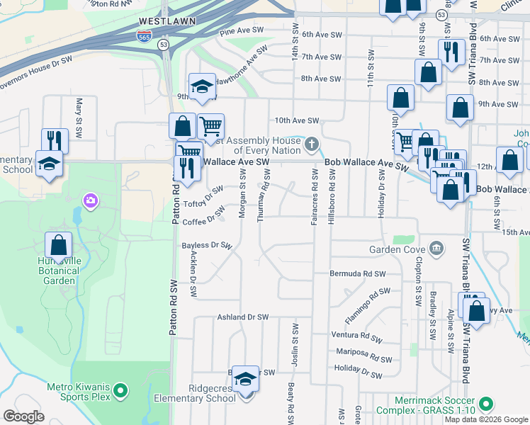 map of restaurants, bars, coffee shops, grocery stores, and more near 3904 Gesman Place Southwest in Huntsville