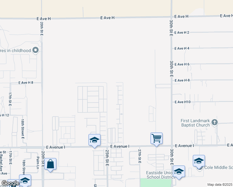 map of restaurants, bars, coffee shops, grocery stores, and more near 2545 East Avenue H10 in Lancaster