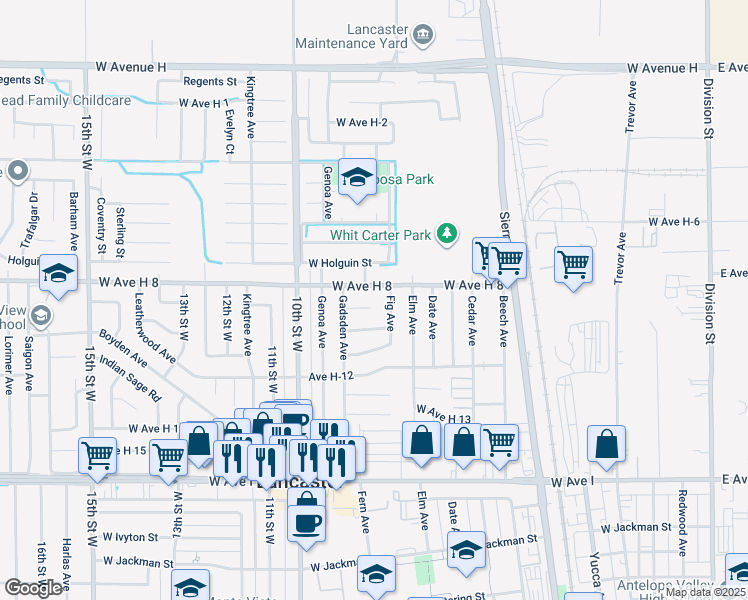 map of restaurants, bars, coffee shops, grocery stores, and more near 707 West Avenue H9 in Lancaster