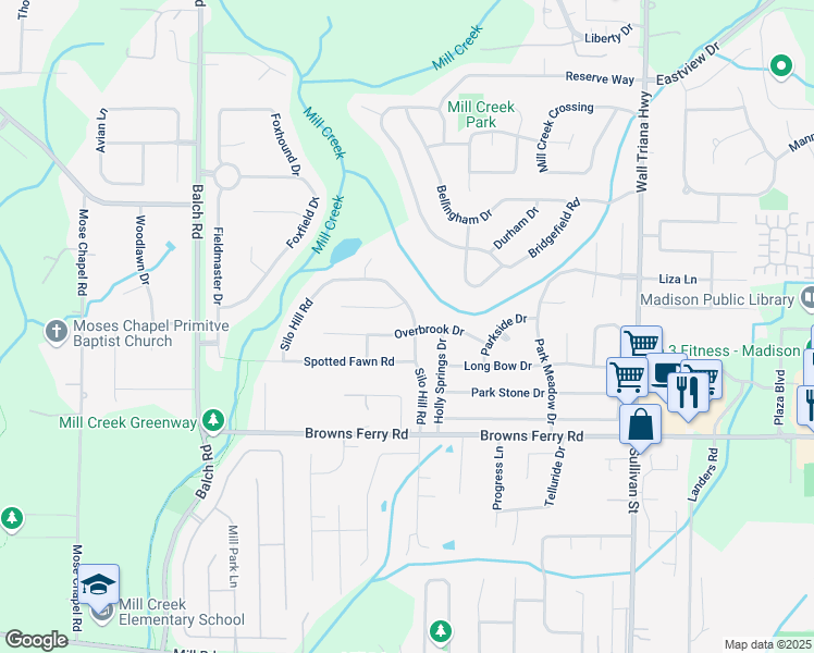 map of restaurants, bars, coffee shops, grocery stores, and more near 134 Silo Hill Road in Madison