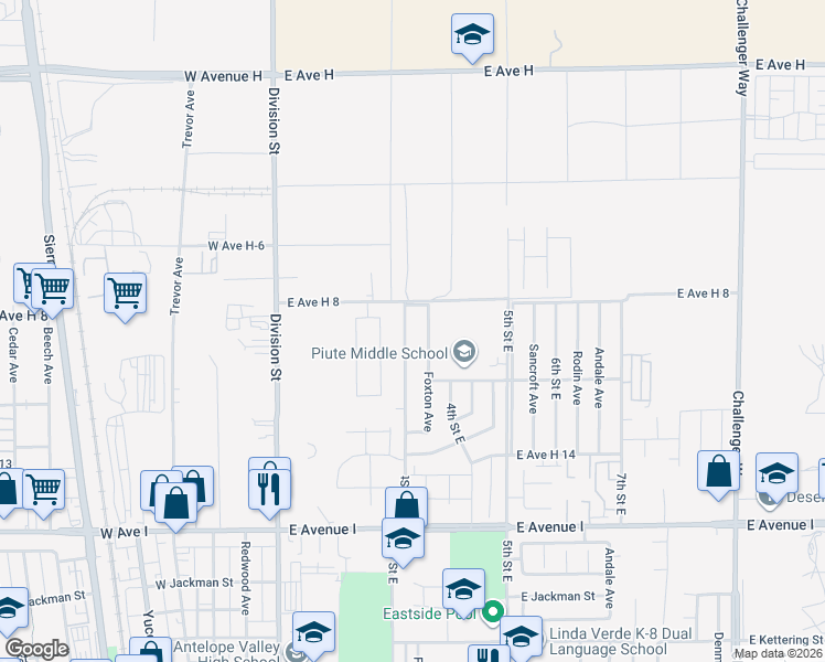 map of restaurants, bars, coffee shops, grocery stores, and more near 45546 East 3rd Street in Lancaster
