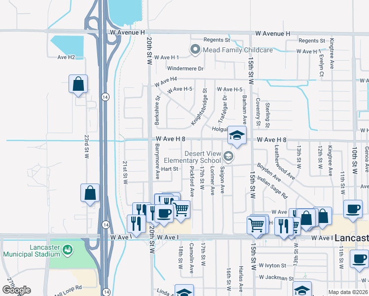 map of restaurants, bars, coffee shops, grocery stores, and more near 45550 Fairbanks Avenue in Lancaster