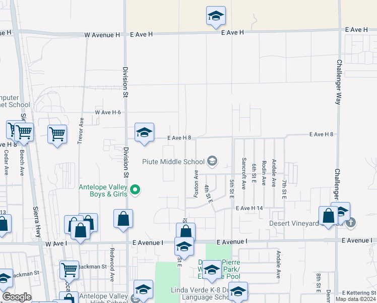 map of restaurants, bars, coffee shops, grocery stores, and more near 45546 3rd Street East in Lancaster