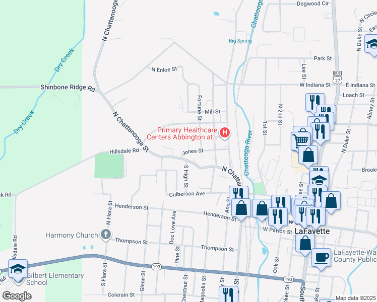 map of restaurants, bars, coffee shops, grocery stores, and more near 2 North High Street in LaFayette