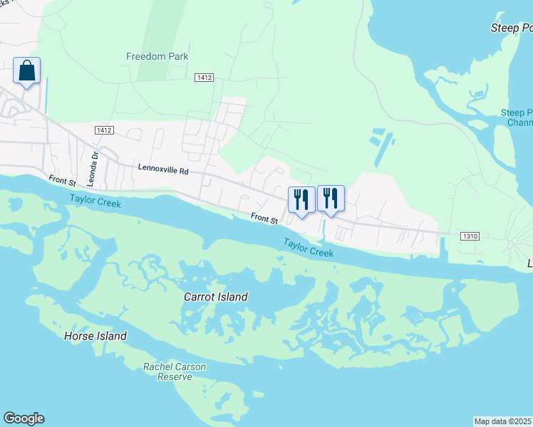 map of restaurants, bars, coffee shops, grocery stores, and more near 2501 Front Street in Beaufort