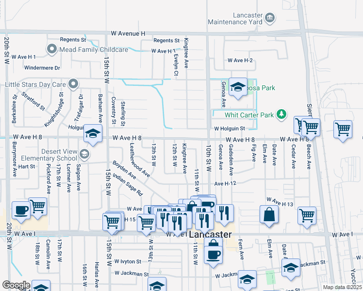 map of restaurants, bars, coffee shops, grocery stores, and more near 45523 Kingtree Avenue in Lancaster