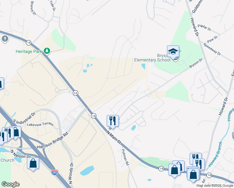 map of restaurants, bars, coffee shops, grocery stores, and more near 9 Eventide Drive in Simpsonville