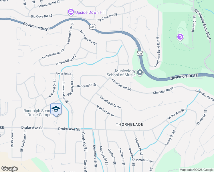 map of restaurants, bars, coffee shops, grocery stores, and more near 1205 Deborah Drive Southeast in Huntsville