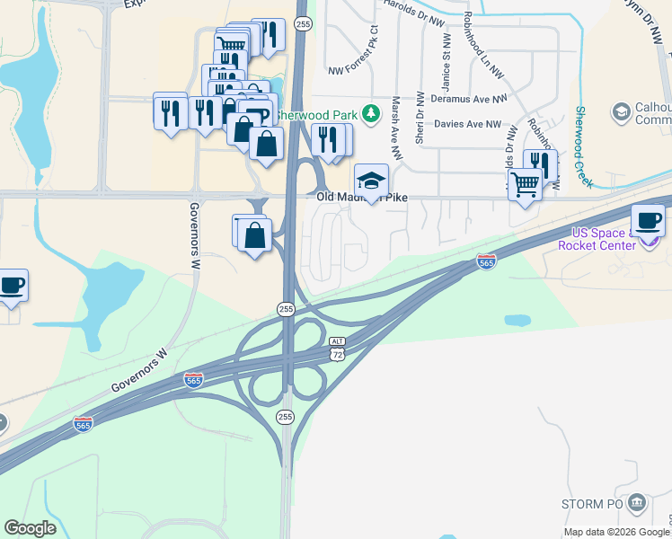 map of restaurants, bars, coffee shops, grocery stores, and more near 202 Exchange Place Northwest in Huntsville
