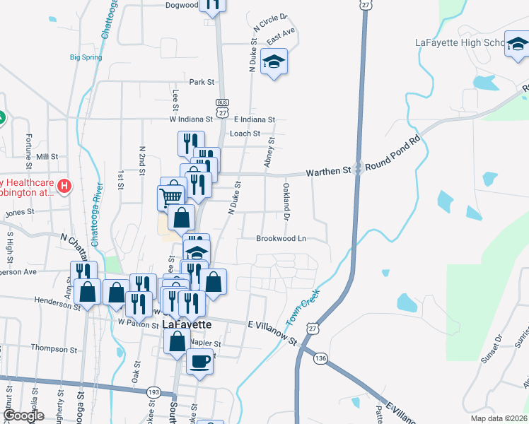 map of restaurants, bars, coffee shops, grocery stores, and more near 398 Whispering Pines Lane in LaFayette
