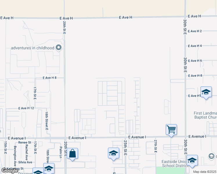 map of restaurants, bars, coffee shops, grocery stores, and more near 45465 25th Street East in Lancaster
