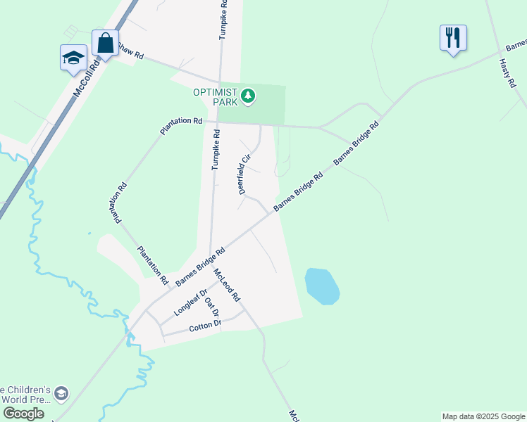 map of restaurants, bars, coffee shops, grocery stores, and more near 9420 Deerfield Circle in Laurinburg