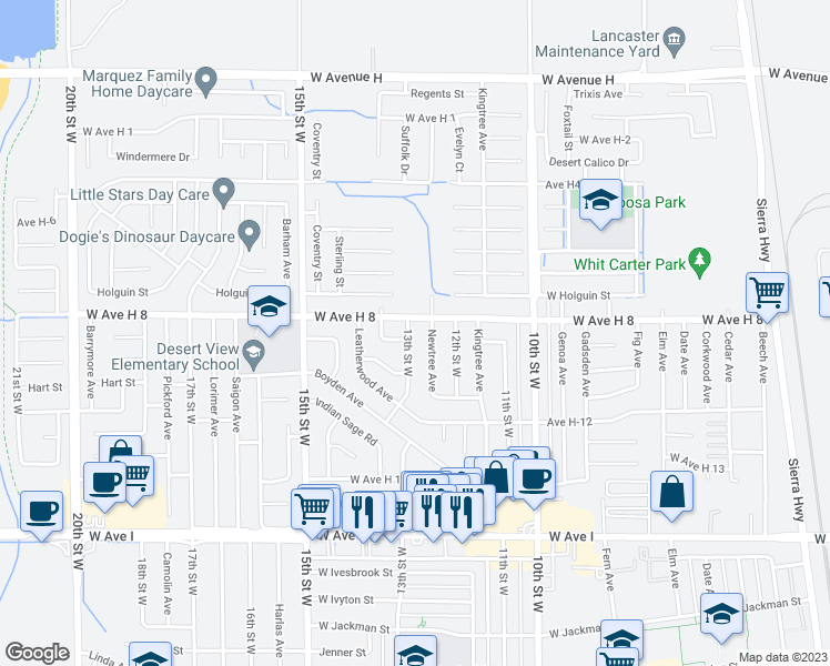 map of restaurants, bars, coffee shops, grocery stores, and more near 45544 13th Street West in Lancaster