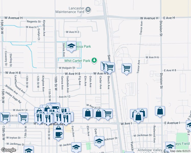 map of restaurants, bars, coffee shops, grocery stores, and more near 45515 Corkwood Avenue in Lancaster