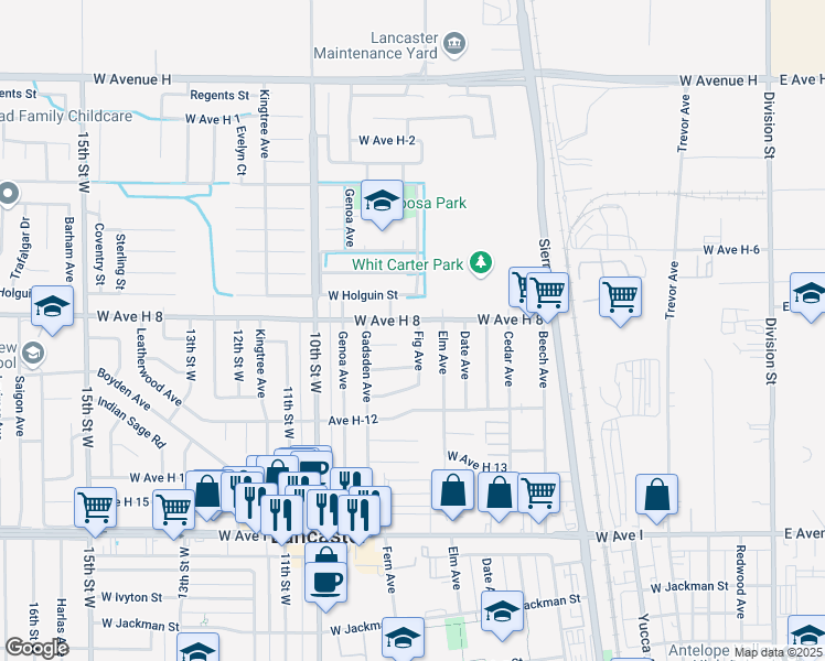 map of restaurants, bars, coffee shops, grocery stores, and more near 45521 Fig Avenue in Lancaster