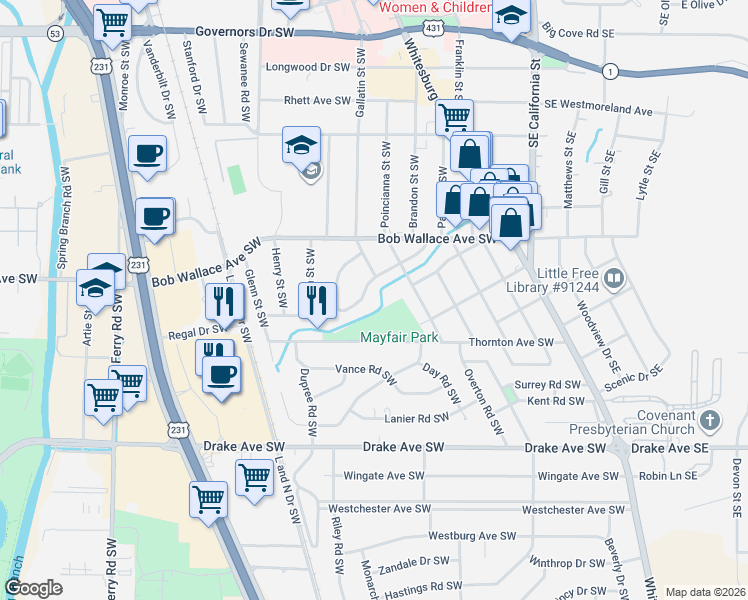 map of restaurants, bars, coffee shops, grocery stores, and more near 550 Thornton Avenue Southwest in Huntsville