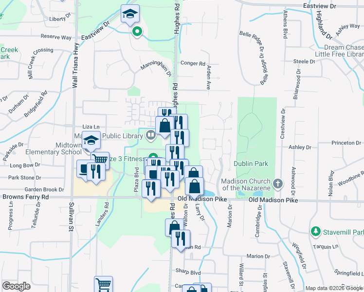 map of restaurants, bars, coffee shops, grocery stores, and more near 411 Hughes Road in Madison