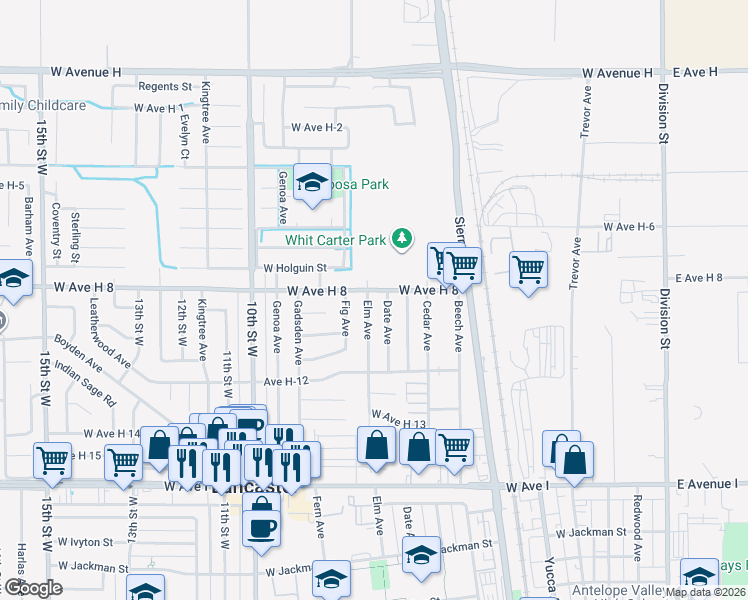 map of restaurants, bars, coffee shops, grocery stores, and more near 45532 Elm Avenue in Lancaster