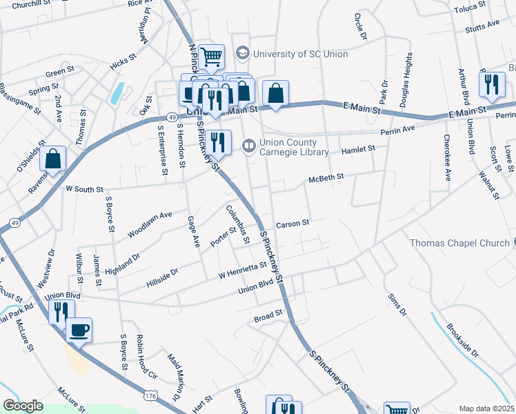 map of restaurants, bars, coffee shops, grocery stores, and more near 320 South Church Street in Union