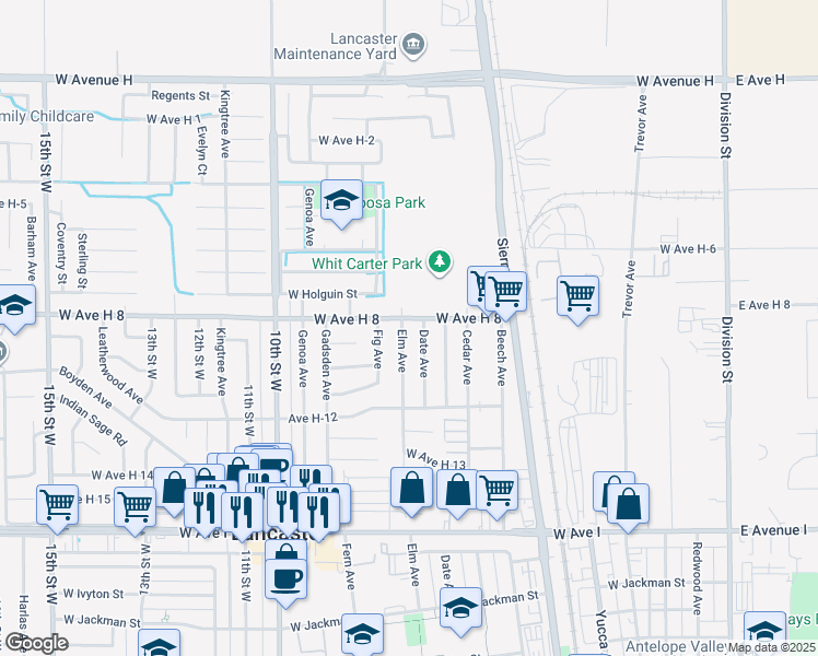 map of restaurants, bars, coffee shops, grocery stores, and more near 45532 Elm Avenue in Lancaster
