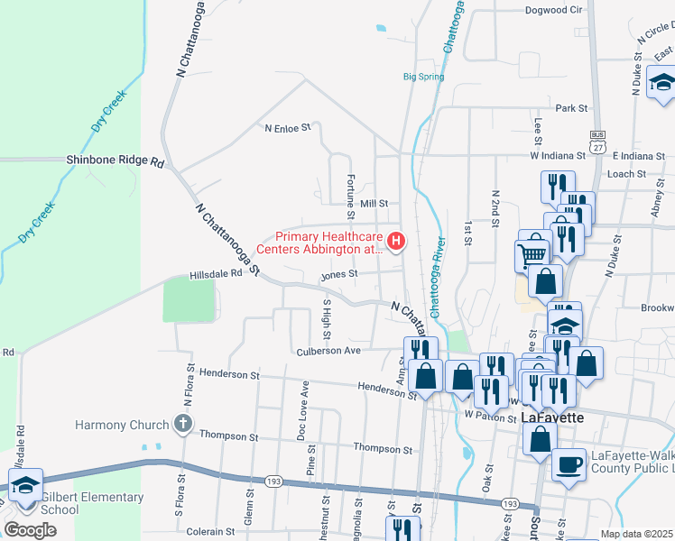 map of restaurants, bars, coffee shops, grocery stores, and more near 1 North High Street in LaFayette