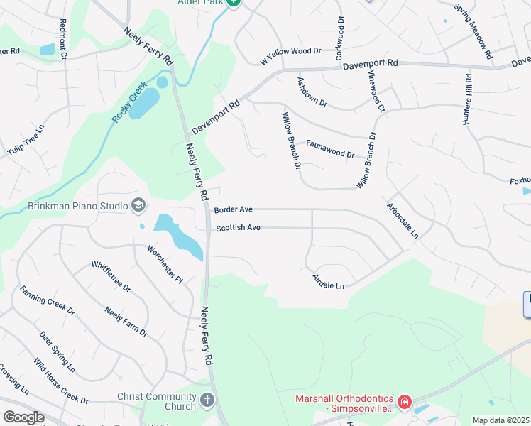 map of restaurants, bars, coffee shops, grocery stores, and more near 36 Border Avenue in Simpsonville