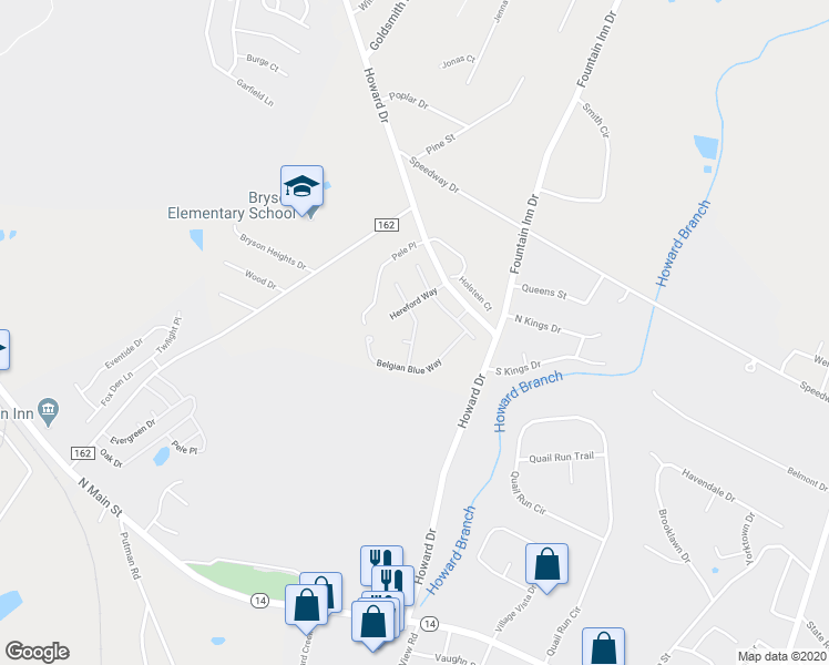 map of restaurants, bars, coffee shops, grocery stores, and more near Brahman Way in Fountain Inn