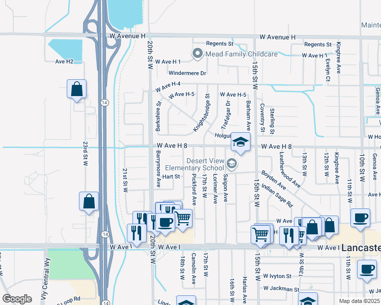 map of restaurants, bars, coffee shops, grocery stores, and more near 45551 Pickford Avenue in Lancaster