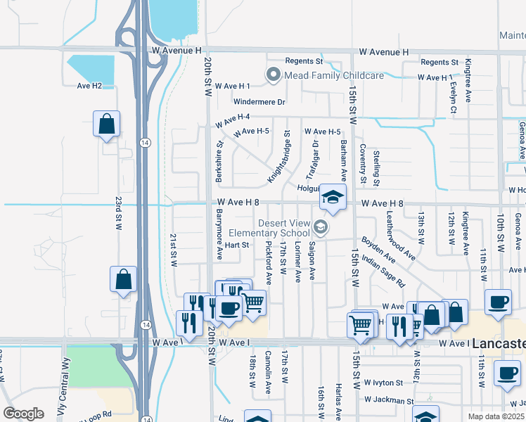 map of restaurants, bars, coffee shops, grocery stores, and more near 45551 Pickford Avenue in Lancaster