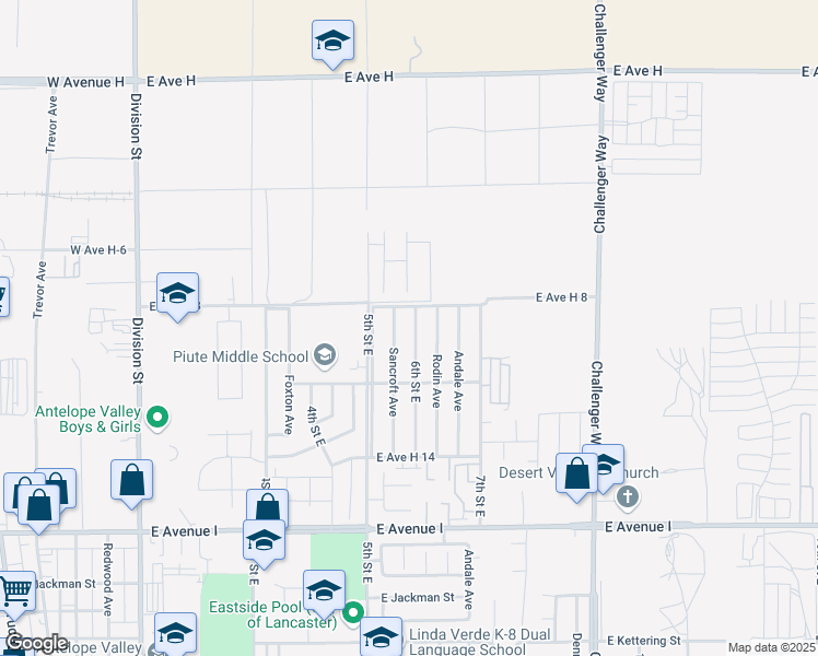 map of restaurants, bars, coffee shops, grocery stores, and more near 45561 6th Street East in Lancaster