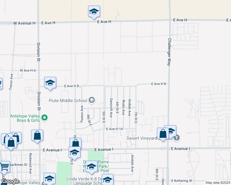 map of restaurants, bars, coffee shops, grocery stores, and more near 45561 6th Street East in Lancaster