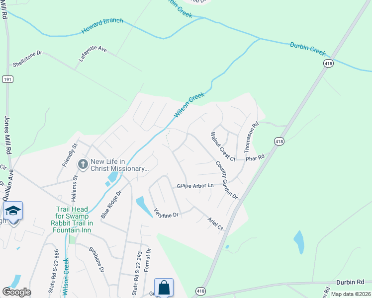 map of restaurants, bars, coffee shops, grocery stores, and more near 1303 Autumn Glen Court in Fountain Inn