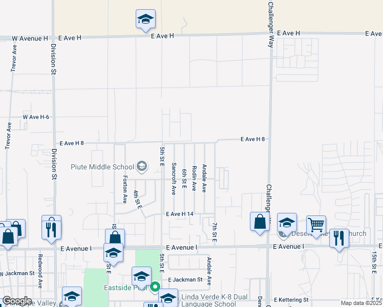 map of restaurants, bars, coffee shops, grocery stores, and more near 45561 Rodin Avenue in Lancaster