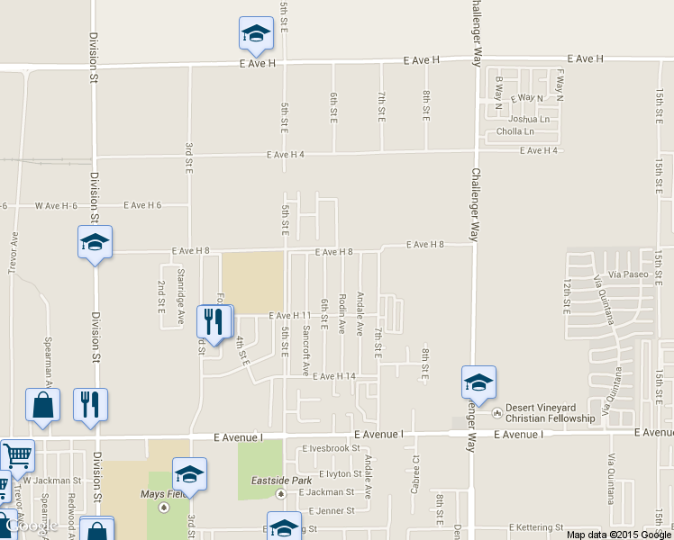 map of restaurants, bars, coffee shops, grocery stores, and more near 45561 Rodin Avenue in Lancaster
