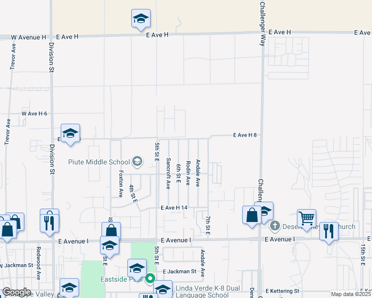 map of restaurants, bars, coffee shops, grocery stores, and more near 45541 Rodin Avenue in Lancaster