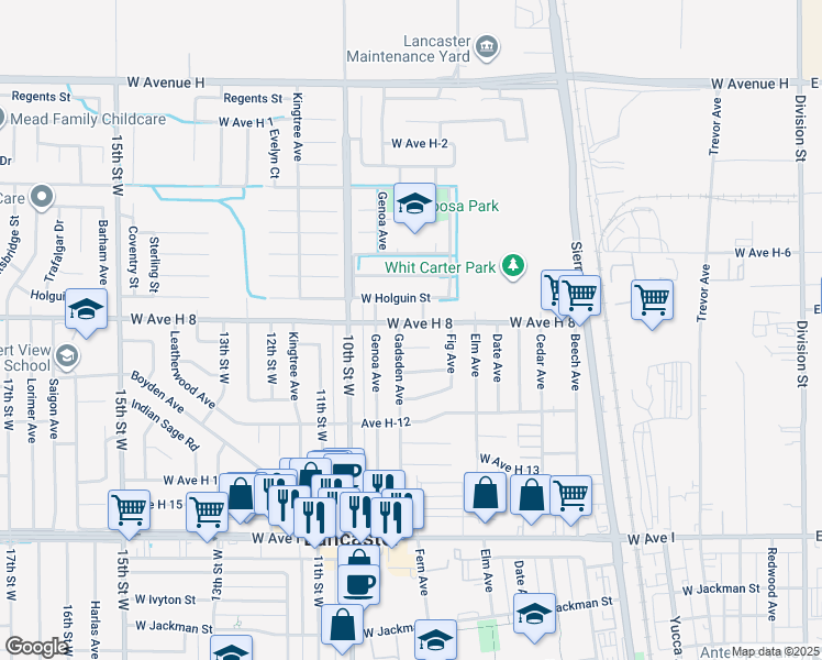 map of restaurants, bars, coffee shops, grocery stores, and more near 808 West Avenue H 8 in Lancaster