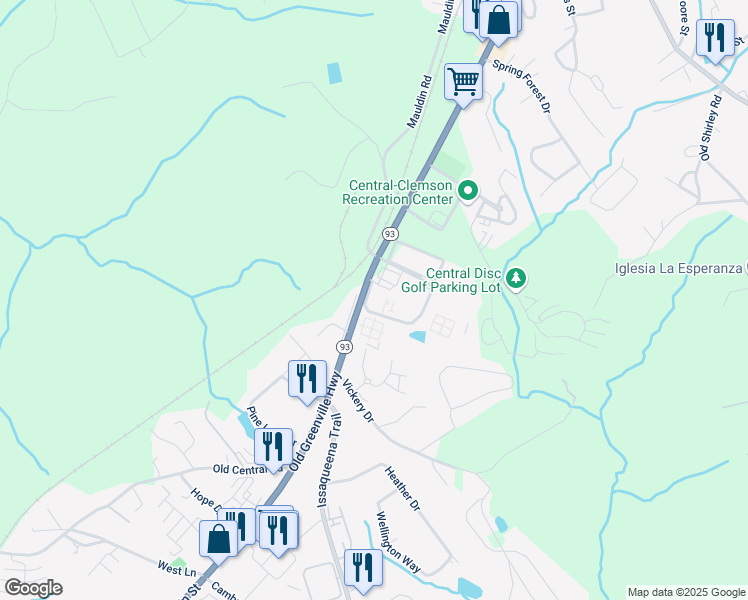 map of restaurants, bars, coffee shops, grocery stores, and more near 104 University Village Drive in Central