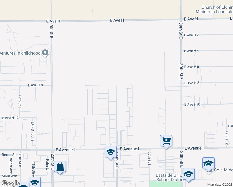 map of restaurants, bars, coffee shops, grocery stores, and more near North East 25th Street in Lancaster